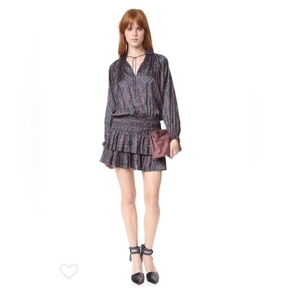 Ulla Johnson Mini Dress Piera Batik Charcoal Printed Long Sleeve Pleated Sz 0